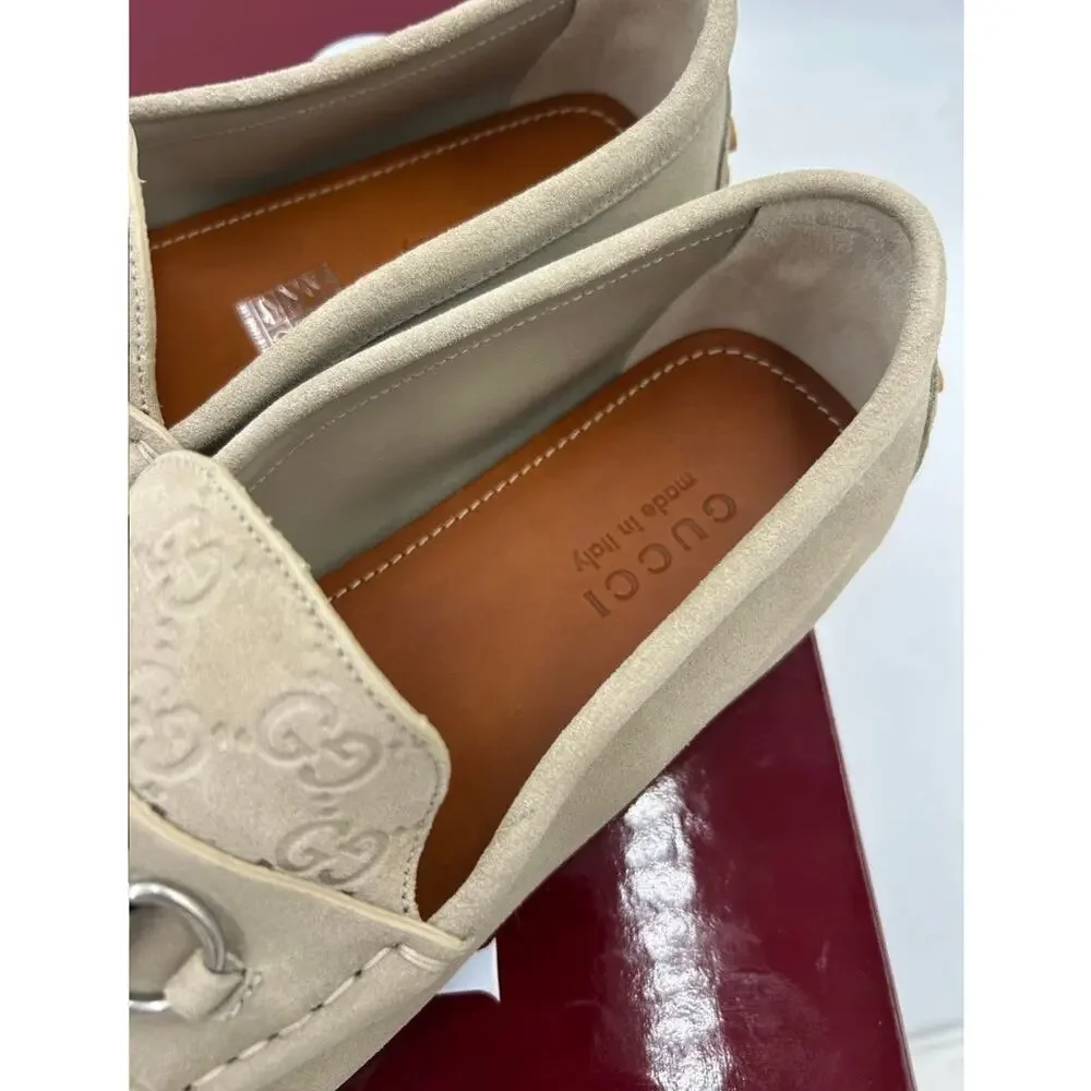 Men's Gucci GG embossed oatmeal suede driver loafers size 11 fits 11.5 US